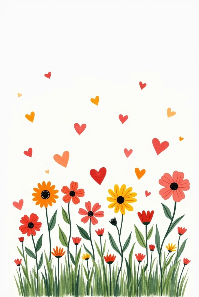 A minimalist garden drawing with colorful flowers and hearts but some withered flowers, few withered flowers 