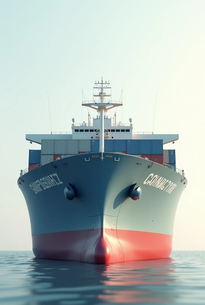 Um navio de container 2d, seen from the front, written on its hull: Owner attitude, frankness, determination, availability, simplicity, humility, discipline.