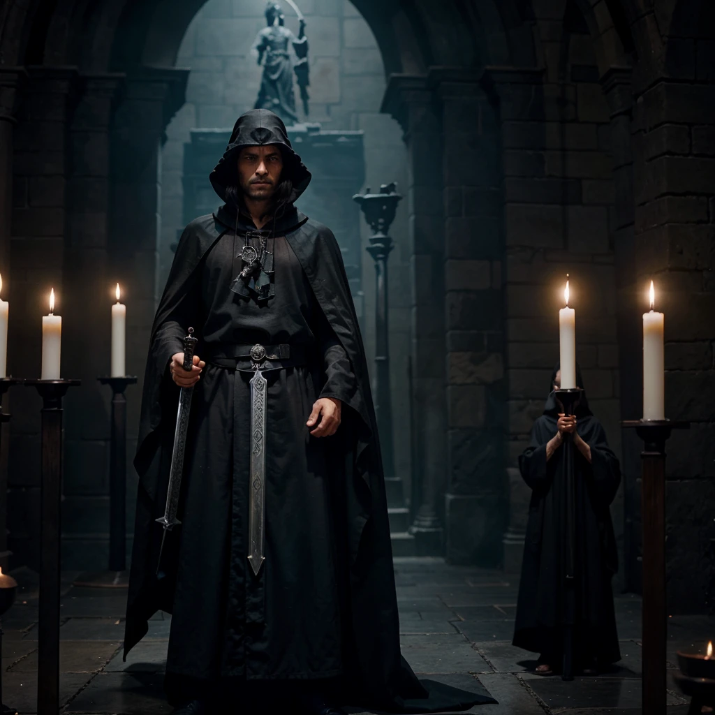 A wizard wearing a black cloak holding a large ritual sword