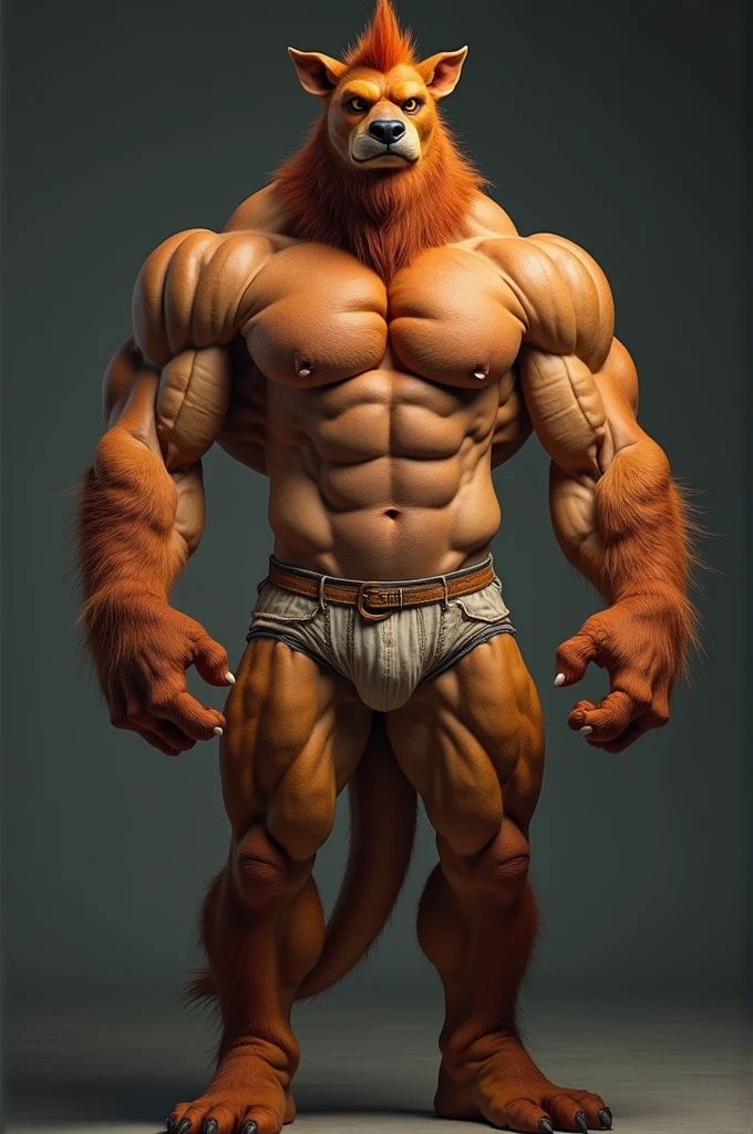 A muscular furry who has no clothes on,pants and underwear that show his big and veiny penis