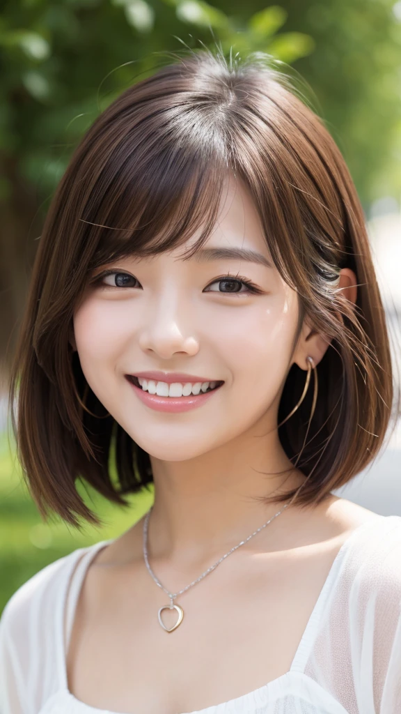 Beautiful young woman、 Korean women、Light brown hair、Wavy Hair、short hair、ear piercing、Necklace around the neck、blouse、smile、Laughing with your mouth open、Beautiful teeth alignment、Intricate details, Very detailed:1.2), 、 Looking into the camera,The background is the town