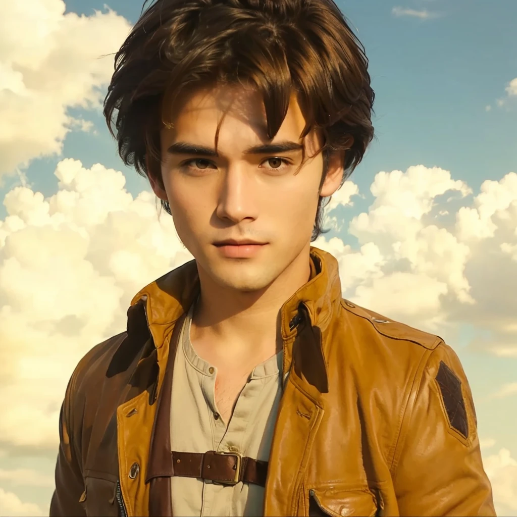 A man with brown hair and a brown jacket is standing in front of a cloud,