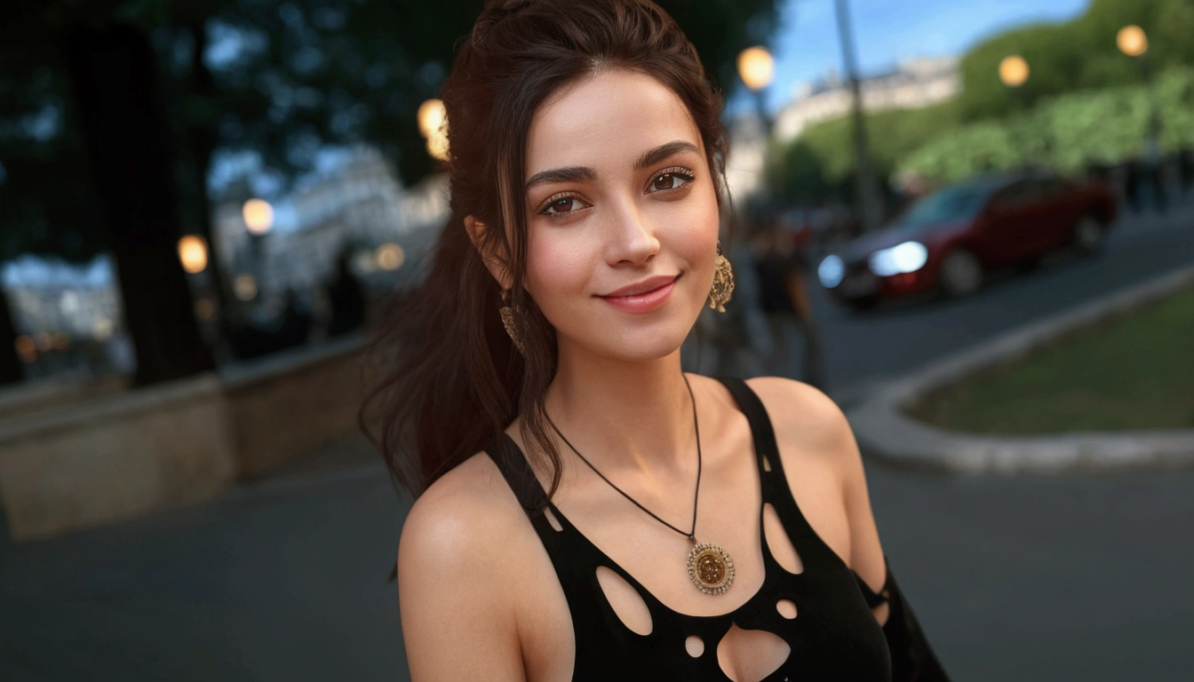 masterpiece, top quality, ultra detailed, 8k drawing under CG unit., a woman looking directly at the observer, summer theme, a delighted and happy look, in the city center of Paris, smiling, with long black hair and cowboy style.