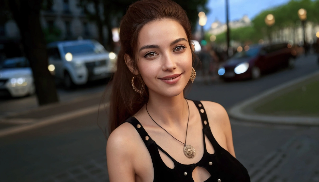 masterpiece, top quality, ultra detailed, 8k drawing under CG unit., a woman looking directly at the observer, summer theme, a delighted and happy look, in the city center of Paris, smiling, with long black hair and cowboy style.