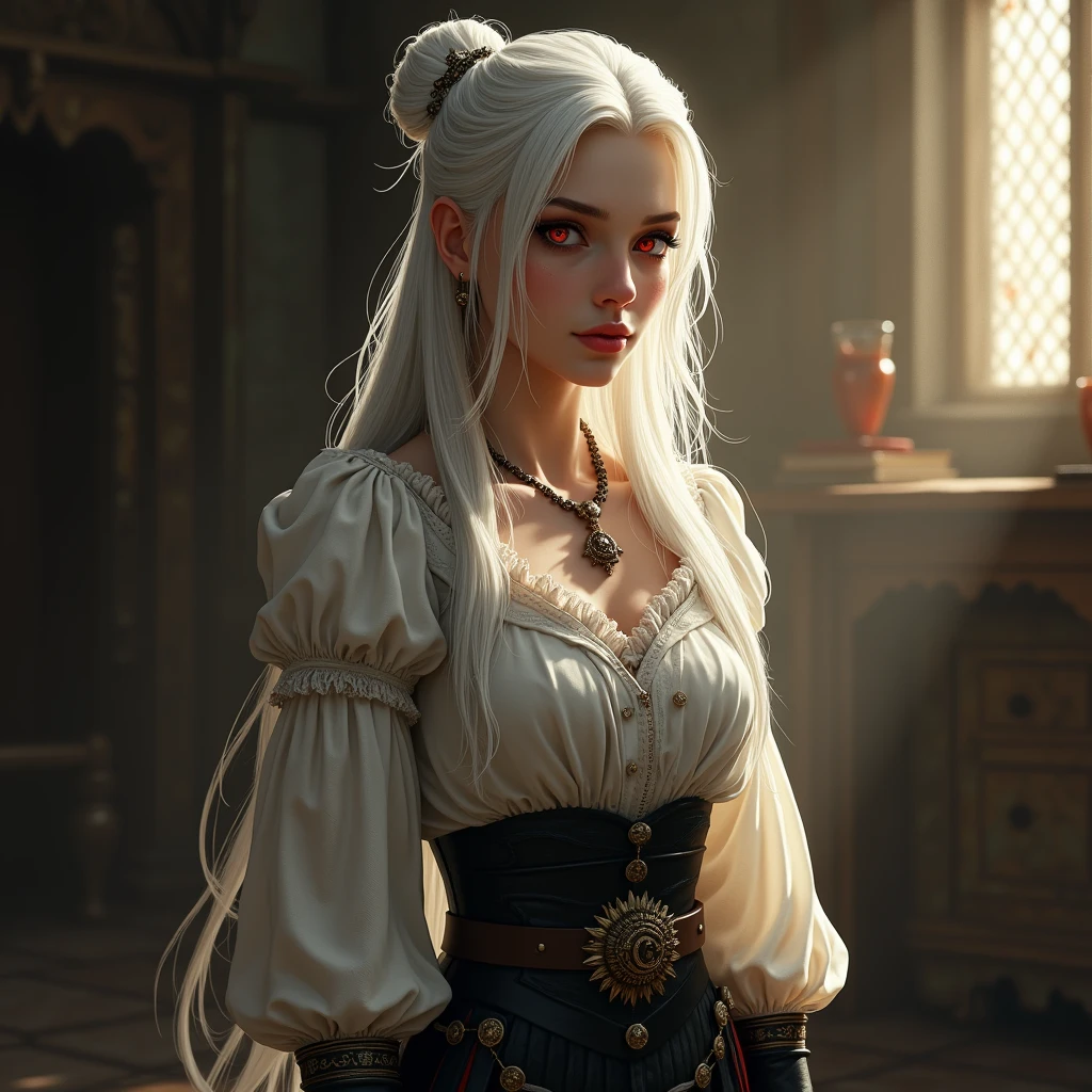 a beautiful girl, 18 years old, calm, beautiful face, vampire, bright red eyes, white long hair, pale skin, hairstyle bun at the back, white ancient shirt, black ancient pants with armor, flat body shapes, furnishings of an old castle, sun rays, dark atmosphere, An amulet around his neck, realism