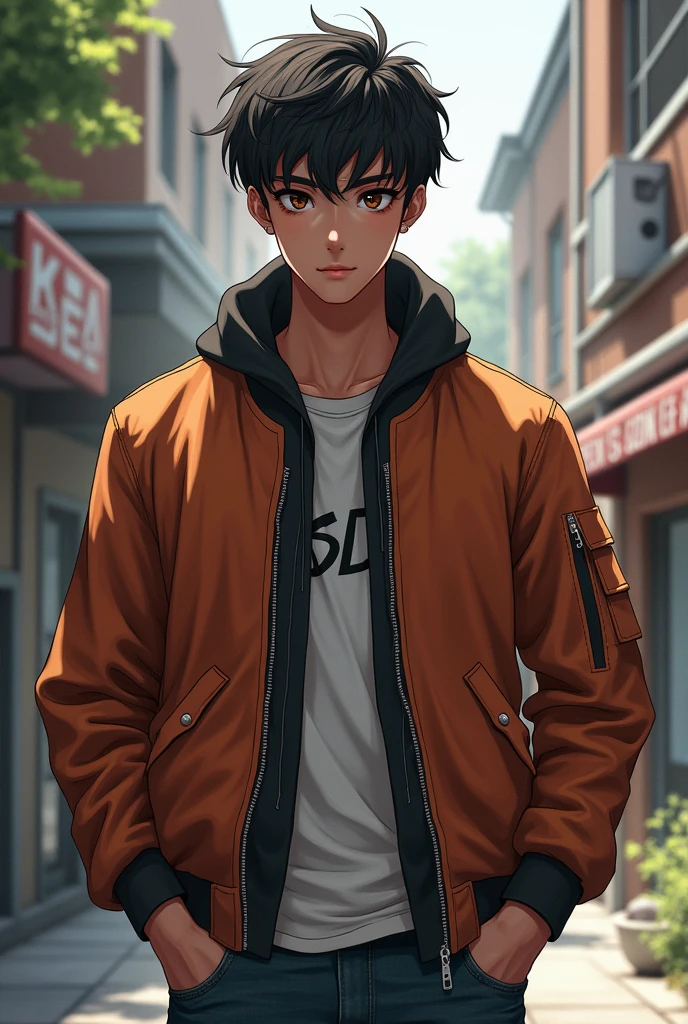 Gender: Male Age:  Height/Heavy: 178 cm / 70 kg
Visual: Brown skin, short black hair, dark brown eyes, square shaped face with a strong jawline. Casual dress style, often wears a bomber jacket with jeans.
Nature: Raka is a natural leader, assertive and charismatic. He is very responsible and protective of his friends.. However, He can be stubborn and tends to ignore other people&#39;s opinions..
strength: Elemental Manipulation (api)