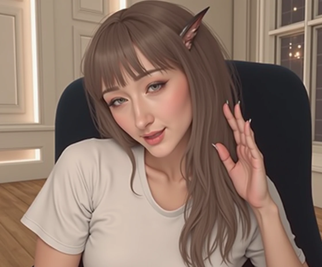 Beautiful sexy elf woman with long hair, white t-shirt, mouth open, eyebrows raised, happily gasping and moaning, long pointy ears, cinematic lighting, hyperrealistic, 8k, highly detailed, photorealistic, masterpiece, very detailed elf ears, (hair tucked behind ears), big breasts, big cleavage