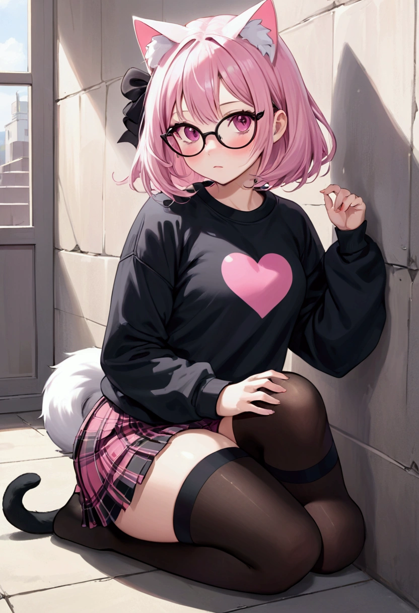I have white pink hair, cat ears, A good, my face is super red, black glasses, pink heart eyes, a big pink sweatshirt, a black skirt, black stockings, White shoes, A cat&#39;s cola, a woman. Very shy in his bed on his knees, his bubbles grab you