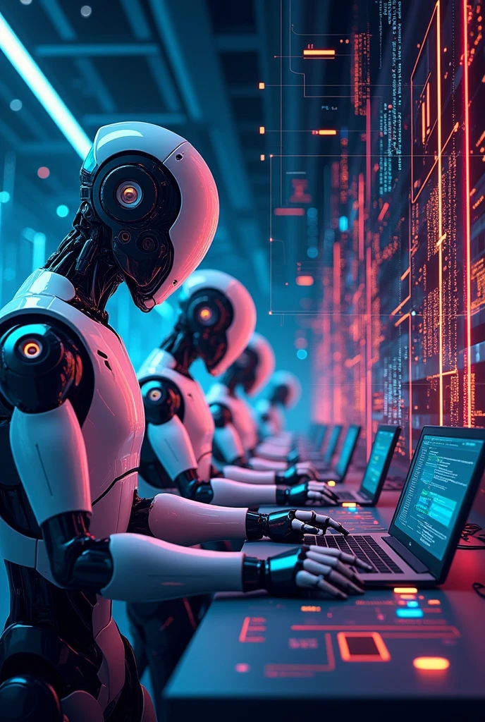 A software company poster with space for logo having some code and robots in the background 
