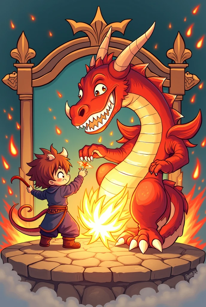 Crest with Fire Mage fighting dragon in chibi style