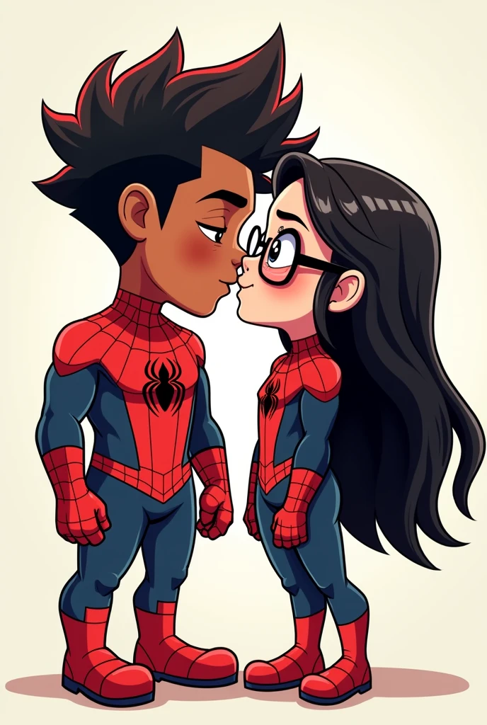 Cartoon drawing of a dark-haired boy with long hair with red tips on top and shaved on the sides with a part in the middle, while wearing a Miles Morales Spiderman suit, and a girl who wears glasses, with long black hair and wearing a red lasso, while wearing the SpiderGwen suit, both boys are giving each other a kiss