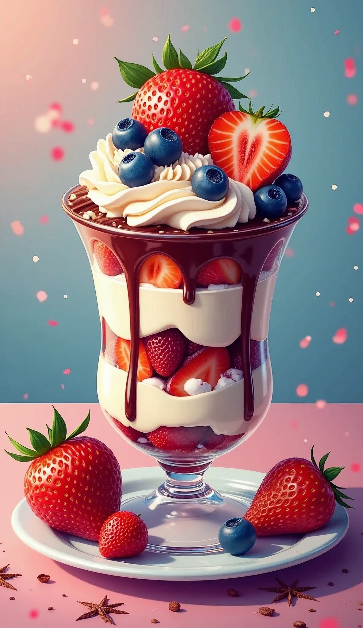(masterpiece:1.2, Highest quality,Highest quality,Very detailedな:1.2),(Very detailed),8k,(Best illustrations),Parfait filled with fruits,Delicious cream and chocolate,Stylish cafe,(looks delicious),psychedelic,Vector art,Layered textures,progressive,pop