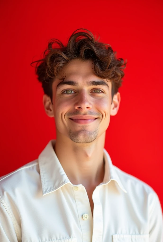 19 year old white male, light eyes, with a slight smile, white flannel, Red background