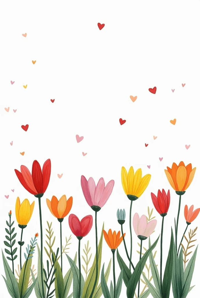A minimalist garden drawing with colorful flowers and hearts but some dull and colorless flowers