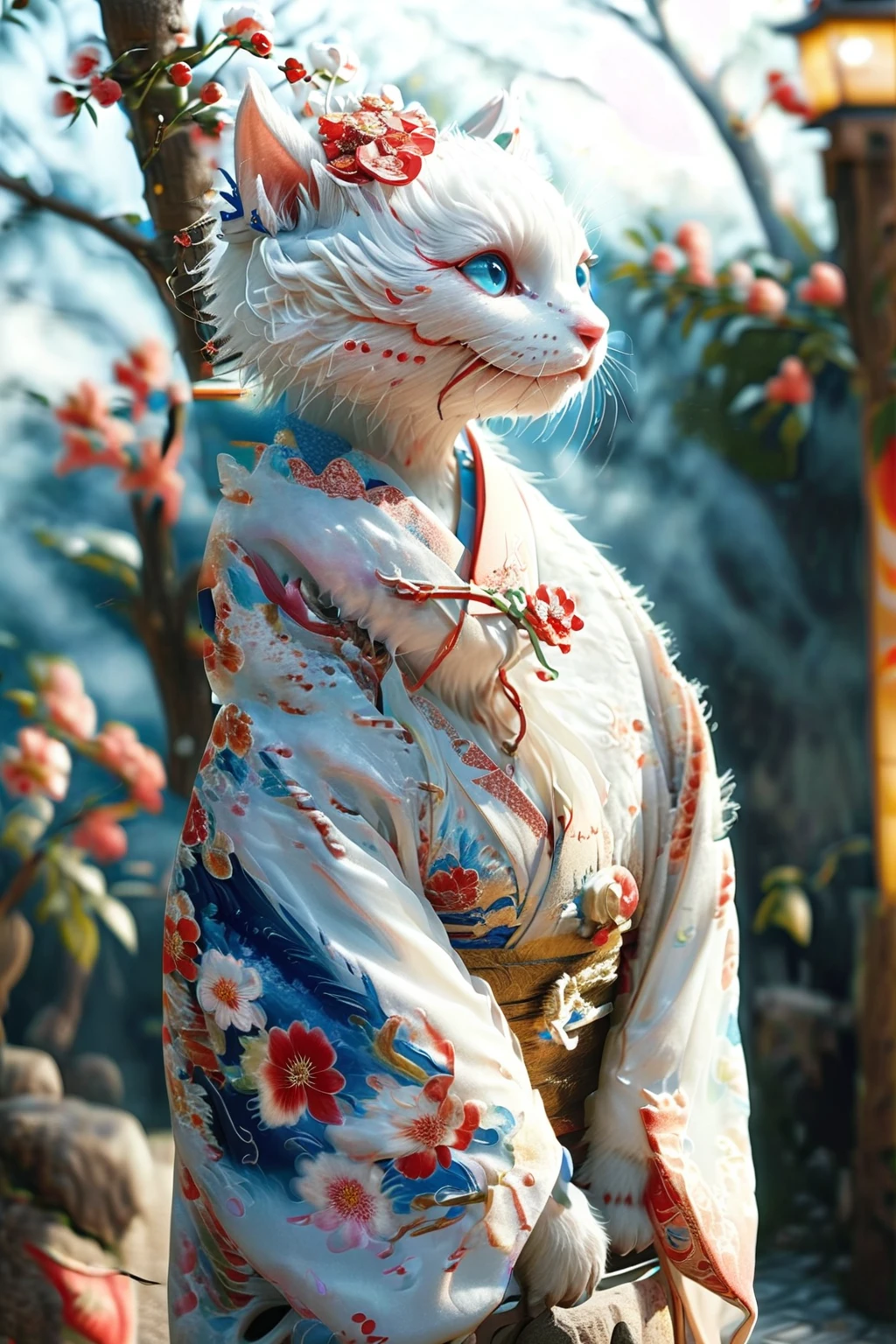 Precision realistic artwork、A night festival in the forest where mysterious monsters gather、Anthropomorphized white cat demon、Beautiful Blue Eyes、Beautiful delicate bob hair、 ,A mysterious beautiful white cat monster wearing a Japanese kimono,Kimono with red flower pattern on white background,Fox Demon、Firefly Demon、Glowing flower monsters are dancing,(High resolution, Attention to detail, Highest quality),Full moon in the sky、Lanterns on trees々It shines among them and looks fantastic.、Mysterious Landscape