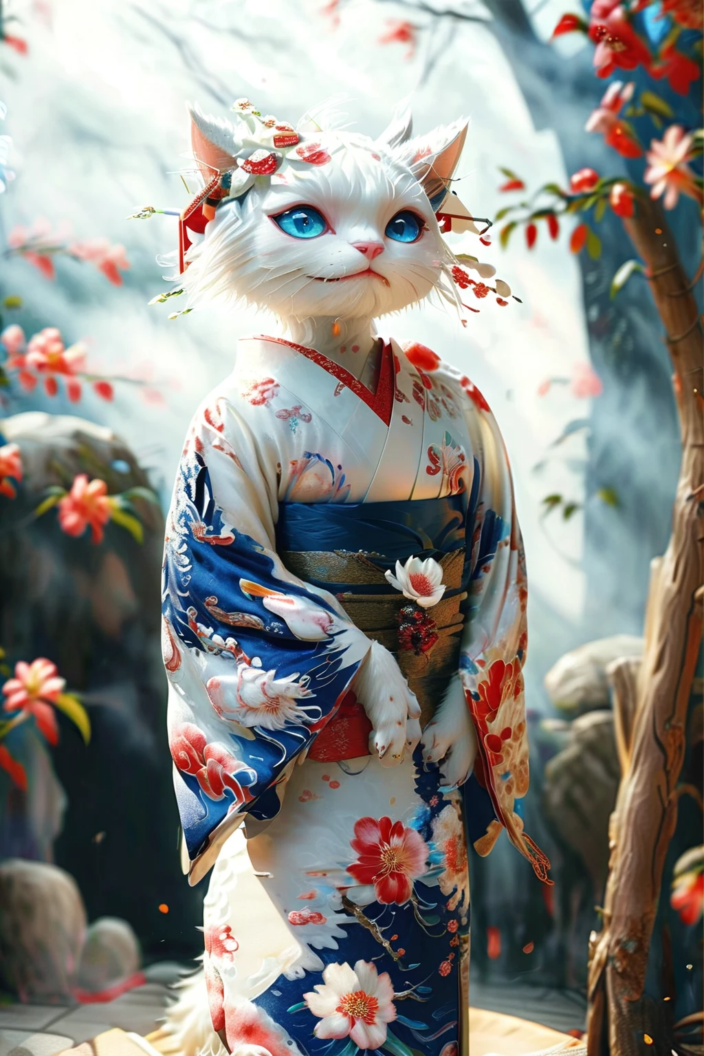 Precision realistic artwork、A night festival in the forest where mysterious monsters gather、Anthropomorphized white cat demon、Beautiful Blue Eyes、Beautiful delicate bob hair、 ,A mysterious beautiful white cat monster wearing a Japanese kimono,Kimono with red flower pattern on white background,Fox Demon、Firefly Demon、Glowing flower monsters are dancing,(High resolution, Attention to detail, Highest quality),Full moon in the sky、Lanterns on trees々It shines among them and looks fantastic.、Mysterious Landscape
