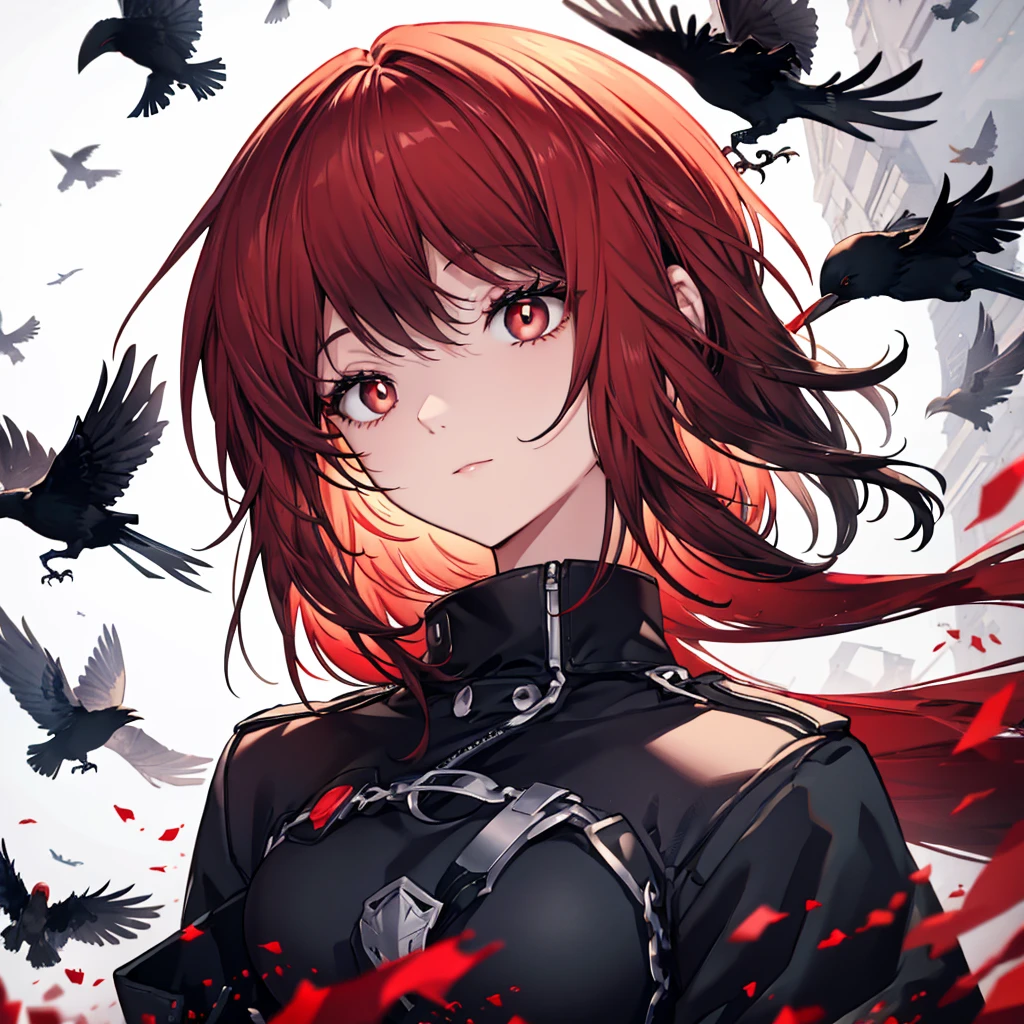 Black eyes with red pupils,black and red hair with some crows flying around