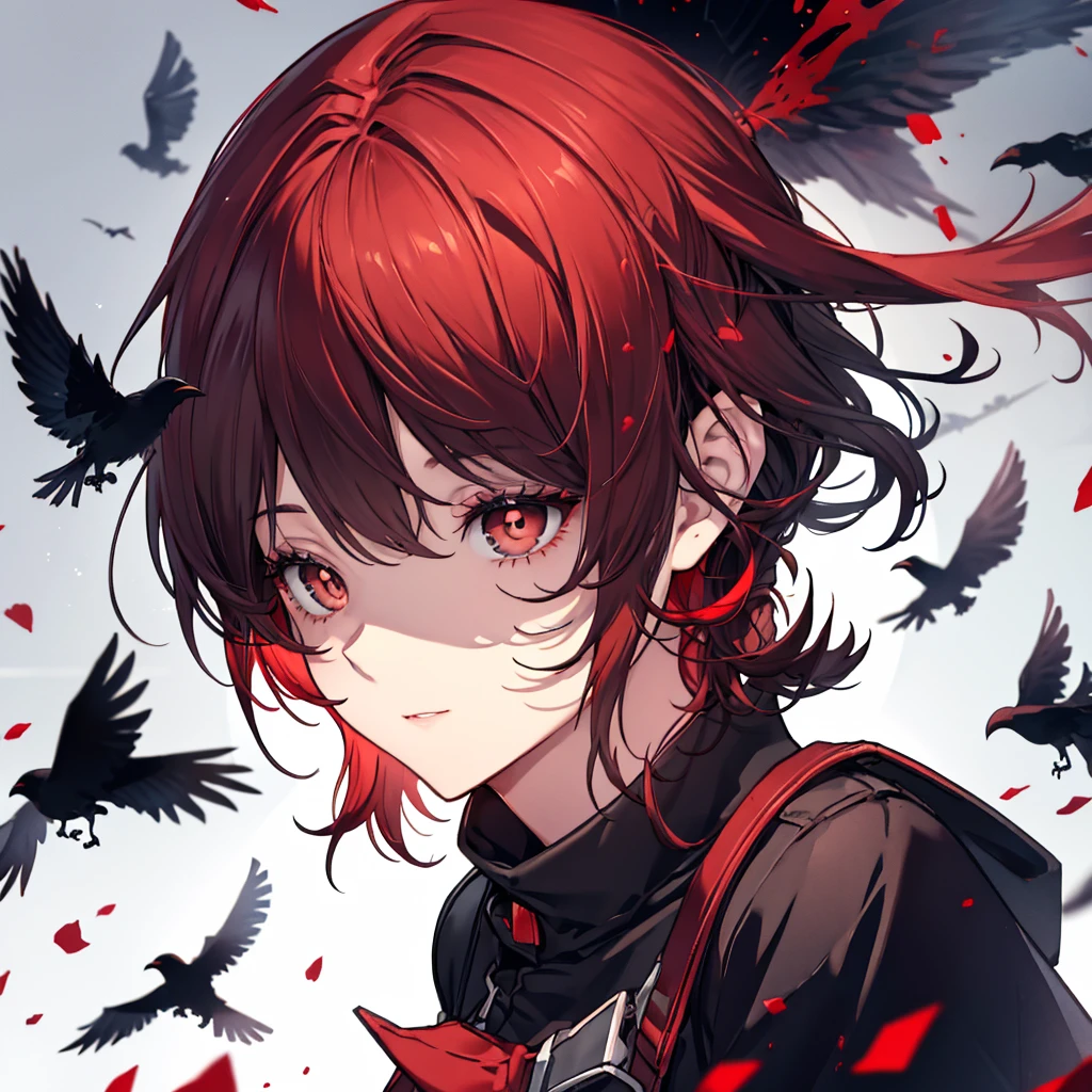 Black eyes with red pupils,black and red hair with some crows flying around