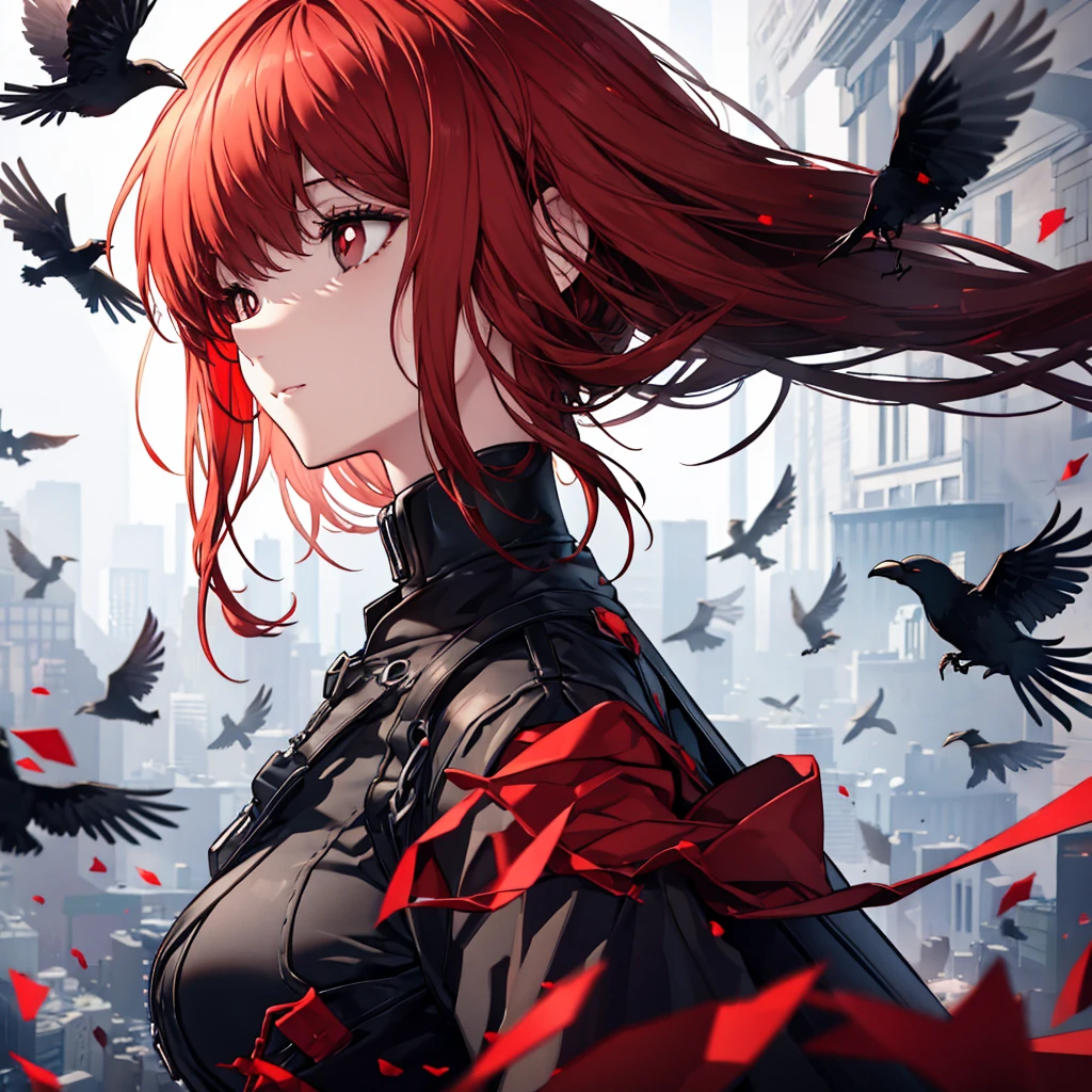 Black eyes with red pupils,black and red hair with some crows flying around