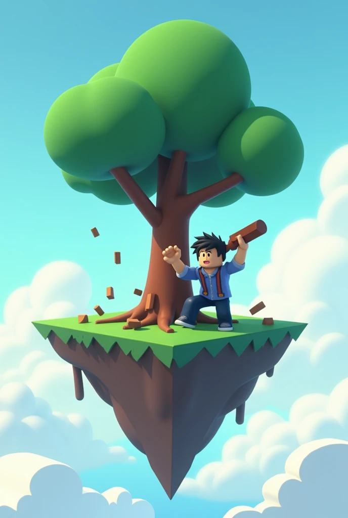 Create me an icon for my Roblox game I want a Roblox character on a sky block and breaking a tree
