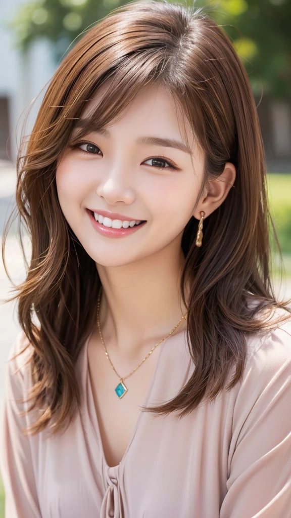 Beautiful young woman、 Korean women、Light brown hair、Wavy Hair、short hair、ear piercing、Necklace around the neck、blouse、smile、Laughing with your mouth open、Beautiful teeth alignment、Intricate details, Very detailed:1.2), 、 Looking into the camera,The background is the town