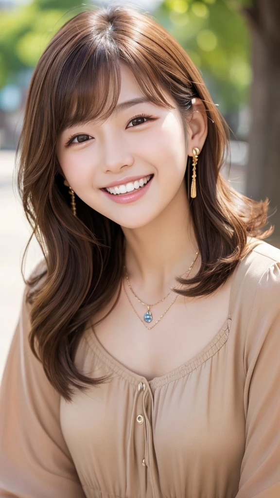 Beautiful young woman、 Korean women、Light brown hair、Wavy Hair、short hair、ear piercing、Necklace around the neck、blouse、smile、Laughing with your mouth open、Beautiful teeth alignment、Intricate details, Very detailed:1.2), 、 Looking into the camera,The background is the town