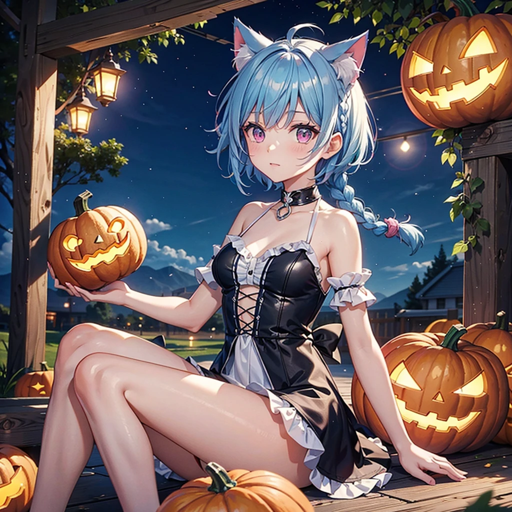 (Sky blue hair),(Braided short hair), (Pink Eyes),Fair skin) ,(whole body),(One Girl),(There are lots of pumpkin ghosts in the background),Cat ear,Cat&#39;s Tail,(Sailor suit),(Ahegao),(Fall into Darkness),If you don't give me sweets, I'll play a prank on you.),(Halloween Night Party),(masterpiece, Highest quality, Very detailed, Best Shadow), (Detailed Background), (Beautifully detailed face), High Contrast, (Best lighting, Very delicate and beautiful), ((Cinematic Light)), Hyper Detail,8k, Dramatic Light, Intricate details,night,(Bats flying in the background),High quality