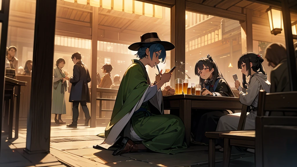 people物の顔をぼかしてください. A bustling medieval market, 屋外の居酒屋は村peopleたちが集まって食事や飲み物を楽しむ活気に満ちた雰囲気に満ちている。. The wooden architecture of the izakaya、Decorated with warm lanterns that cast a golden glow over the landscape。, Create a welcoming and festive atmosphere. The long wooden tables are packed with customers., 活発な会話と笑いに興じるpeople々. The bar area is particularly lively., カウンターの後ろのバーテンダーに飲み物や食べ物を注文するpeople々. This scene is rich in detail: Guests dressed in colorful medieval costumes, Hat included, Cape, Tunic, Interact with、Enjoy a fun atmosphere. 前景に2peopleの女性, 一peopleは青いドレスを着て、もう一peopleはピンクのドレスを着ています, Sharing a joyful moment with a drink in hand. A man wearing a wide-brimmed hat and a leather vest、sitting at a table holding a mug of beer。, seemingly lost in thought. In the background、It depicts a stone building with ivy growing up the walls., Enhances the medieval atmosphere. The window is bright, 内部にpeopleがいることを示唆する, The overall atmosphere is one of warmth and community.. The cobblestone road beneath our feet adds to the authenticity of the scene., The light of the lanterns and the setting sun envelop everything in a soft glow., Inviting Light. The market spreads beyond the izakaya, 遠くに村peopleたちが見える, Shopping etc.々Engage in activities, Chatting, Stroll through the market. The whole scene is、It captures the essence of a vibrant and close-knit medieval community.。, people々Gathered、Celebrate a good time with friends、A place to share joy、night、Soft Light