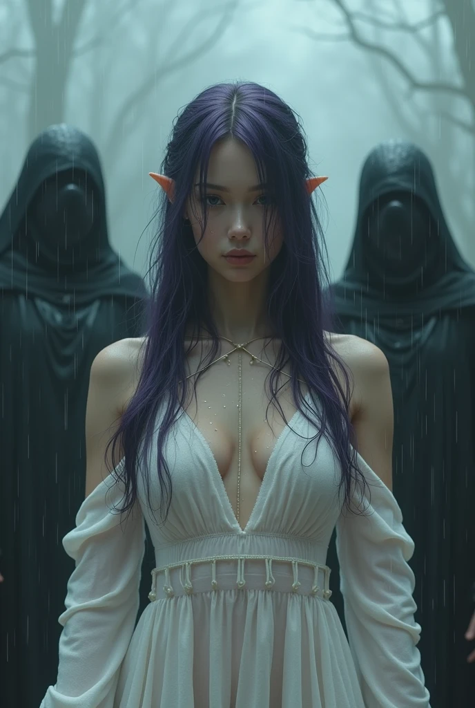 meeting with the mechanical elves overlords (([purple|black] hair)), long hair, white formfitting wet cotton dress, drenched wet fabric, heavy rain, hard nipples bump, see-through,  melancholic gaze at viewer,  (soothing tones:1.0), (hdr:1.25), (artstation:1.2), dramatic, evil MONOCHROMIC creatures behind, boked background, rule of third composition (intricate details:1.14), (hyperrealistic 3d render:1.16), (filmic:0.55), (faded:1.3)