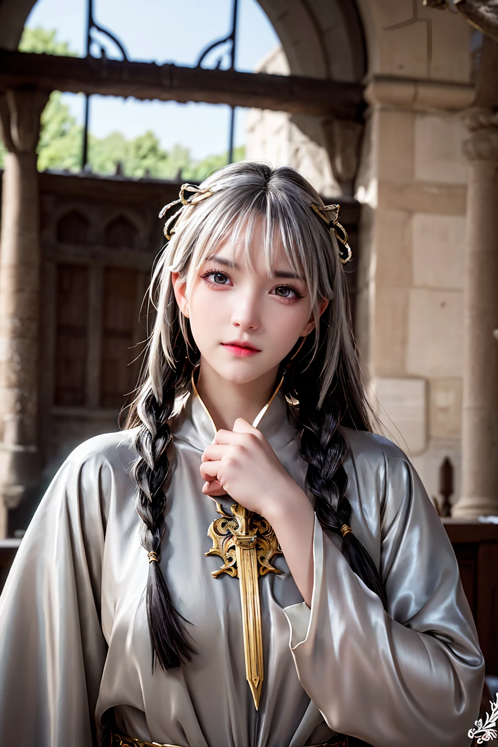 Highest quality, masterpiece,Gray Hair, Golden Eyes,knight, look up, Upper Body,hair,Fair skin,Side braid、knight、Inside the medieval castle