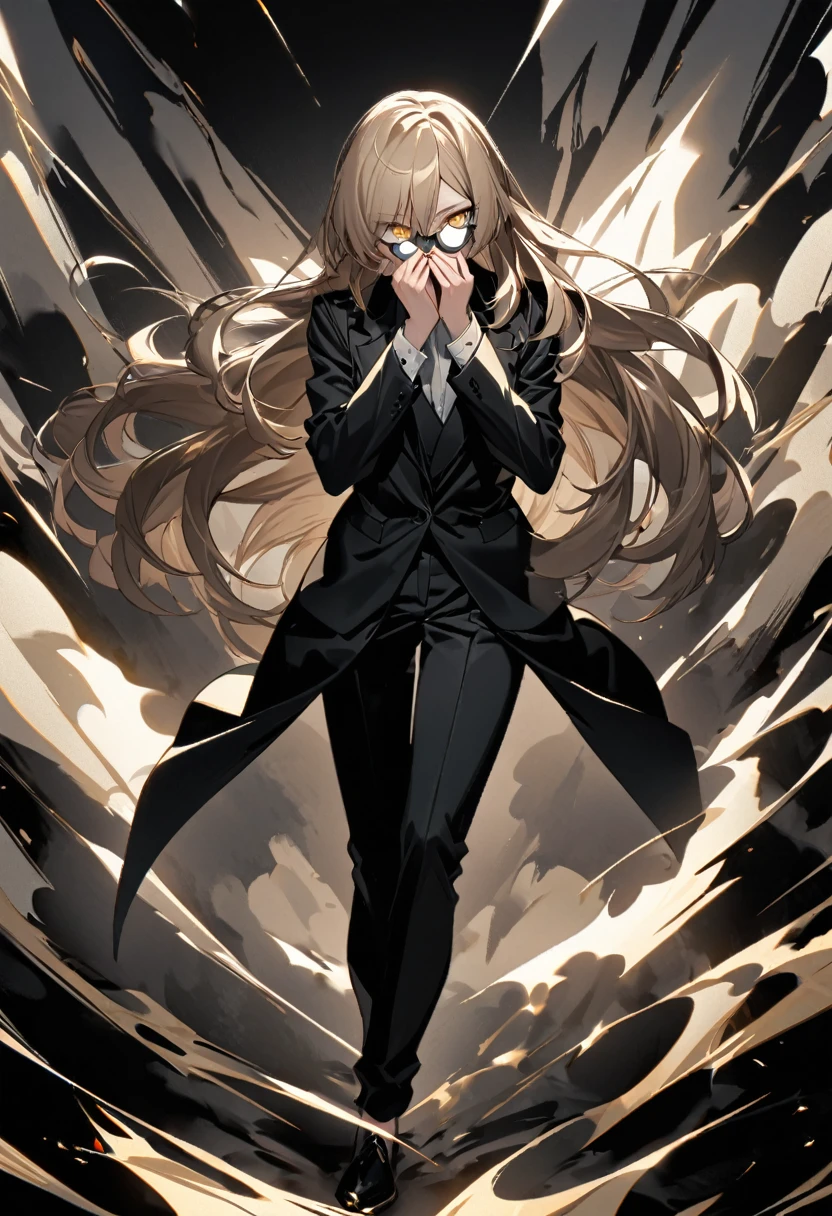 (masterpiece)、(absurdres)、(ultra detailed)、(8k),((solo lady),(dark blonde hair:1.2),(straight long hair:1.1),BREAK,shiny blue eyes,BREAK,black suit,black pants,BREAK,(athletic),(flat chest),(Pierce:0.9),(bracelet:0.8),Smoking a cigarette:1.2,smoke:1.5,Serious,upperbody shot,simple darkness background,darkness:1.4,midnight,looking viewer,ハンドガンを手に持つ,