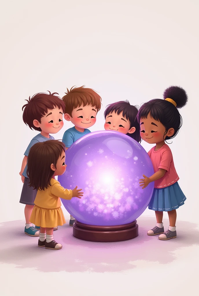 I need an image where there are five humble children around a LILAC crystal globe and they are all smiling and holding hands. I also need them to look like they've been drawn, as is they were cartoon characters. One of the children needs to be black. Without a background. Square image and I need children not to look so much like they were made by artificial intelligence