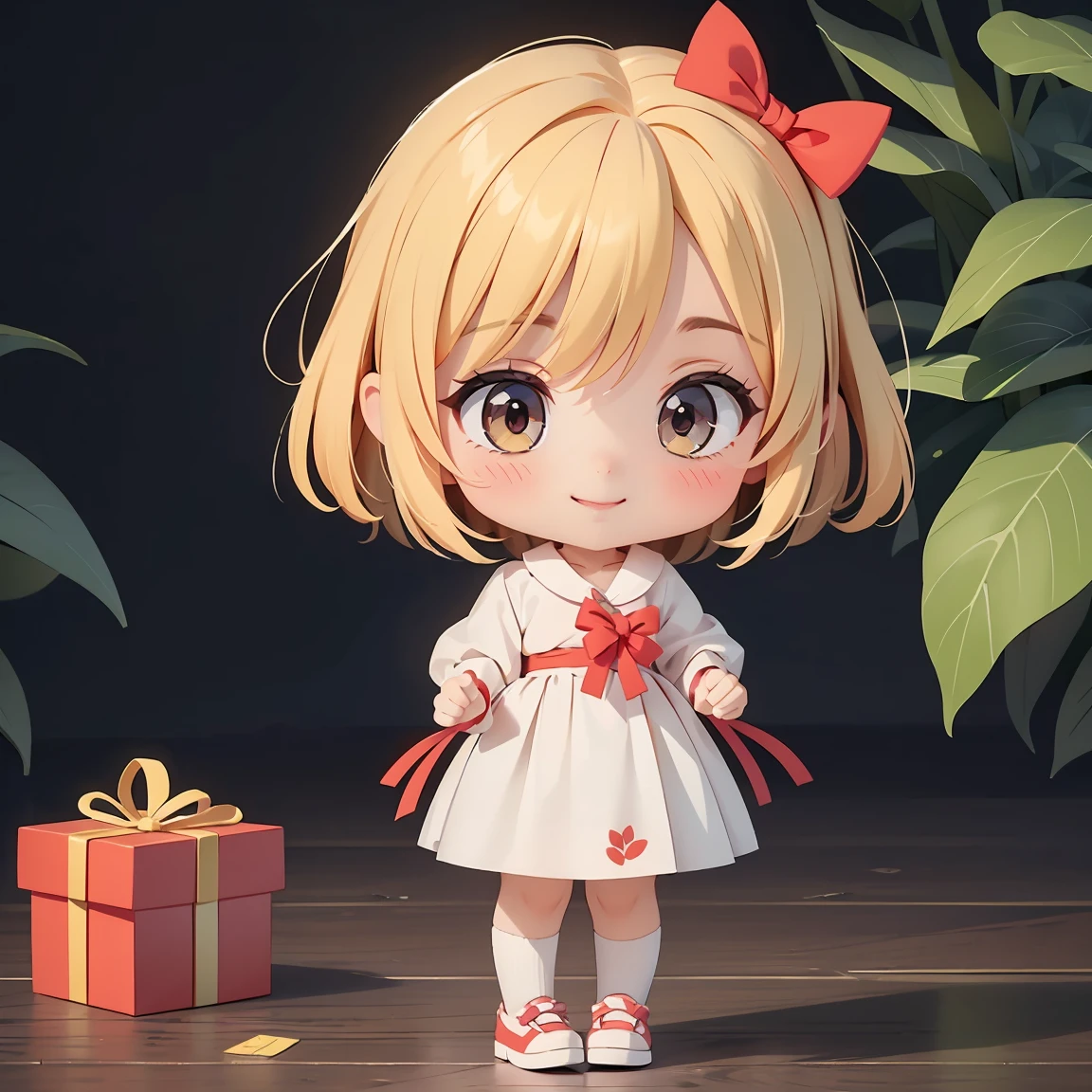 Super Chibi Character：1.8、Blonde Hair、Cute 7 year old girl、Random cute outfits、Wearing cute shoes、Super Chibi Character：1.8、smile、Super Smile、Holding a gift box with a red ribbon in both hands、Holding a gift box with a red ribbon in both hands、Looking at this、Red ribbon box