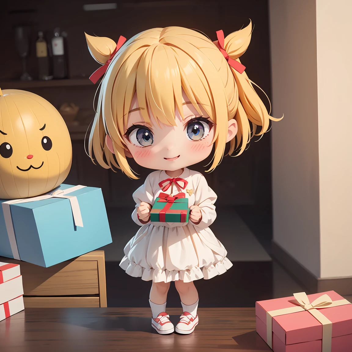 Super Chibi Character：1.8、Blonde Hair、Cute 7 year old girl、Random cute outfits、Wearing cute shoes、Super Chibi Character：1.8、smile、Super Smile、Holding a gift box with a red ribbon in both hands、Holding a gift box with a red ribbon in both hands、Looking at this、Red ribbon box