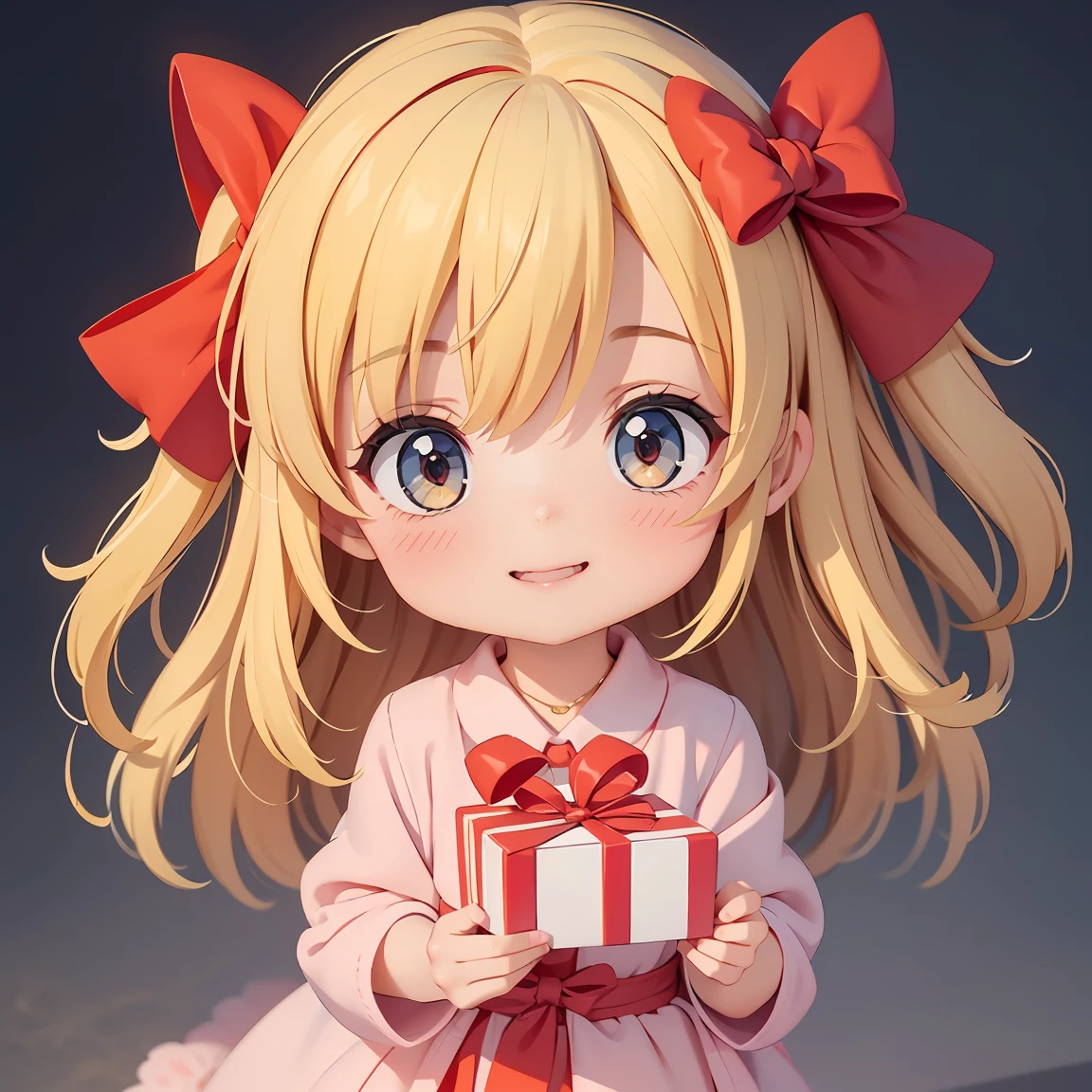 Super Chibi Character：1.8、Blonde Hair、Cute 7  girl、Random cute outfits、Wearing cute shoes、Super Chibi Character：1.8、smile、Super Smile、Holding a gift box with a red ribbon in both hands、Holding a gift box with a red ribbon in both hands、Looking at this、Red ribbon box