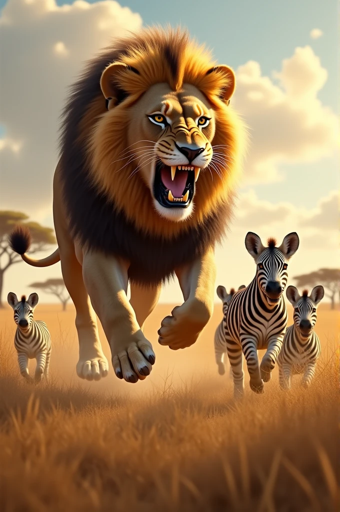 Lion catching zebra cubs