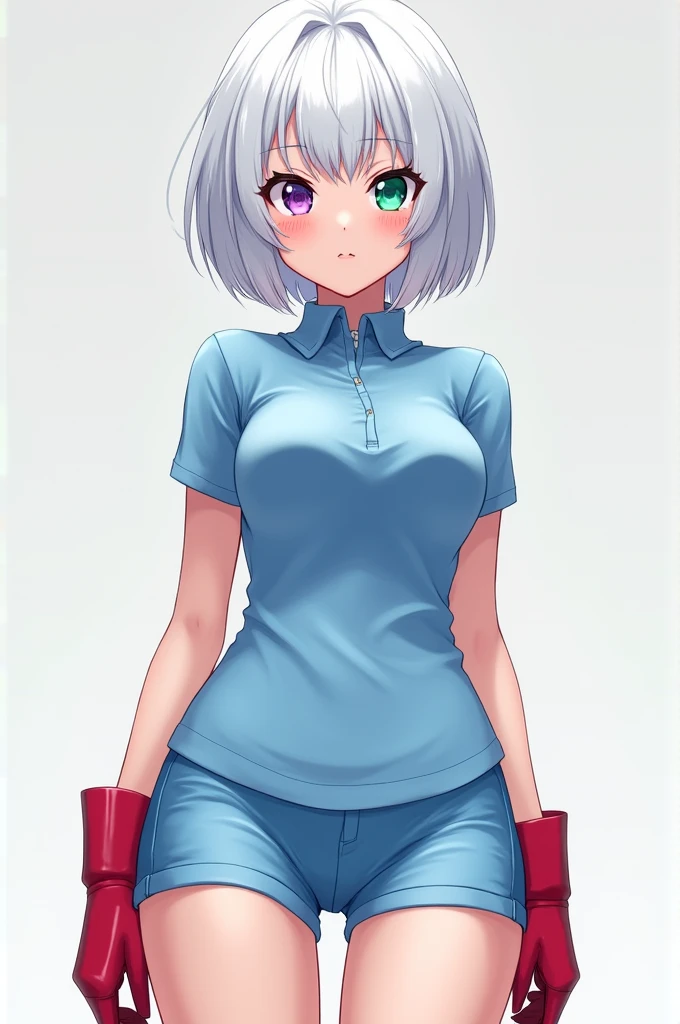 Anime girl with a short, tight, high-necked light blue polo shirt and almost light blue shorts that are tight on her legs and red high-heeled boots and white hair with one purple eye and the other bright green eye.
