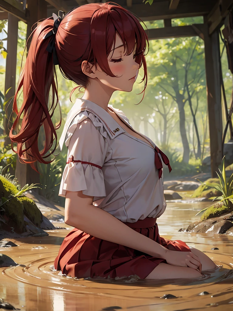 1girl, solo, masterpiece, best quality, high res, highly detailed, (illustration), beautiful detailed eyes, yuigahama yui, red hair ponytail, glossy lips, light makeup, orgasm, (looking up:1.5), eyes closed, school shirt, red skirt, cleavage, (quicksand:1.4), (from side:1.5), bog, swampy