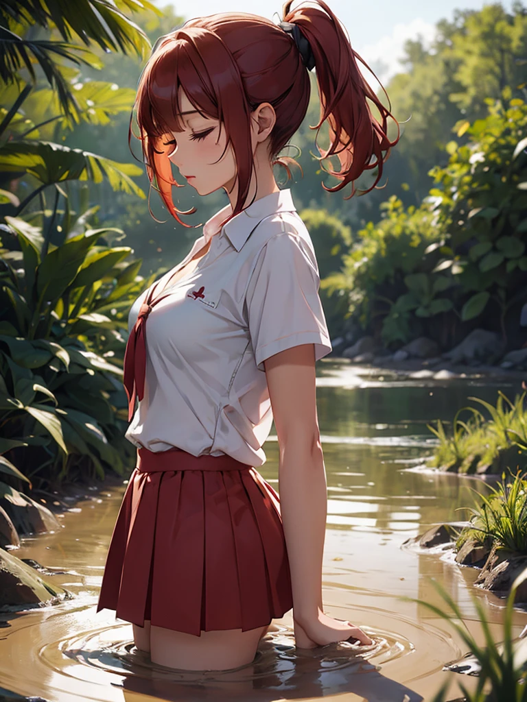 1girl, solo, masterpiece, best quality, high res, highly detailed, (illustration), beautiful detailed eyes, yuigahama yui, red hair ponytail, glossy lips, light makeup, orgasm, (looking up:1.5), eyes closed, school shirt, red skirt, cleavage, (quicksand:1.4), (from side:1.5), bog, swampy