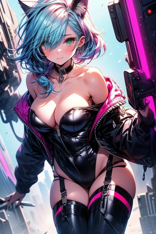 Cyberpunk catgirl, (shoulder length hair, light-blue hair, purple hair ends), green eyes, (black bodysuit, rgb details, strapless, cleavage, high-cut), (off shoulder jacket, black, pink lining), rgb choker, thigh-highs, power stance. Spaceship cockpit background. 