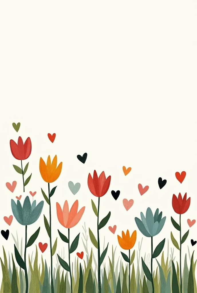 A minimalist garden drawing with colorful flowers and hearts but some dull and colorless flowers and black hearts