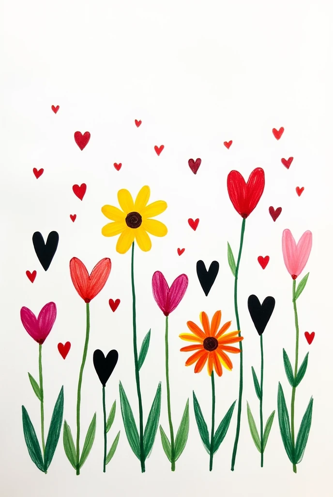 A minimalist garden drawing with colorful flowers and hearts but some dull and colorless flowers and black hearts