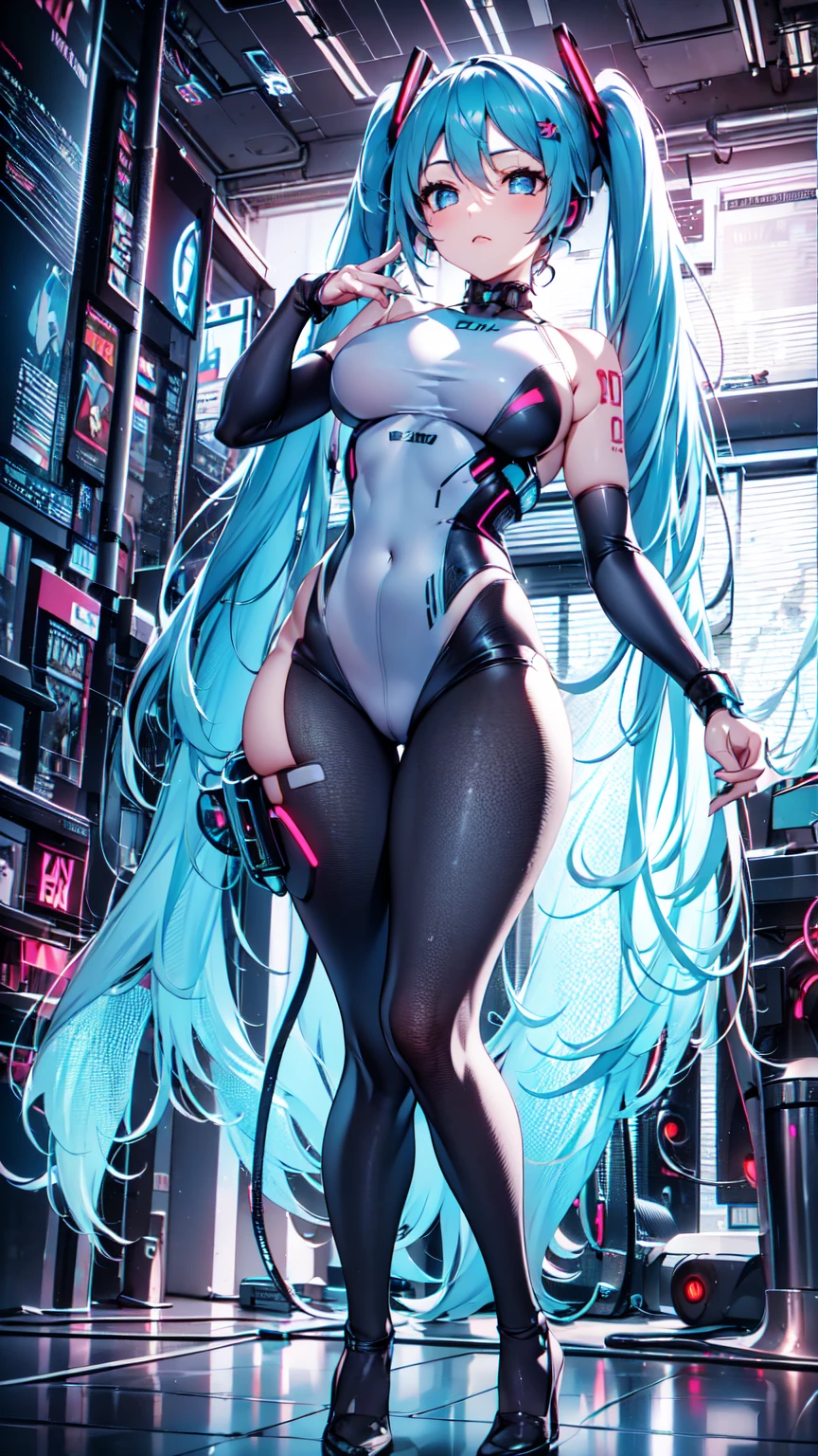 Hatsune Miku Vocaloid, Twin Tails, Light Blue Eyes, Light Blue Hair, Pichi Pichi Bodysuit, Cyber punk, Ultimate Physical Beauty, Beautiful Eyes, Big Breasts, 8K CG, Top Quality, Best Image Quality,