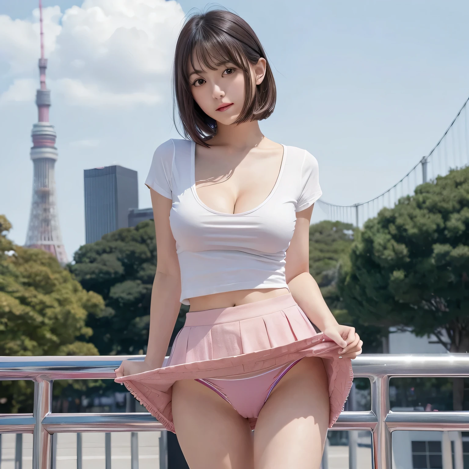 (4K, Highest QuAlity), (reAlisitic, PhotoreAlistic), (Yakian),
1 girl, alone, (Attribution to Audiences),
Perfect hands, Looking_Al_Audience, Beautiful Face, short hair, (Beautiful breasts, Cleavage:1.2),22 years old、Nogizaka Idol、Pornstar、Korean Idol、Idol Sculpture, whole body,Beautiful legs, Tight white t-shirt, Ultra-mini pleated skirt, I can see your pants, High heels, Blurred Tokyo Tower background, Pink Panties, Panty-in skirt, Skirt Lift,