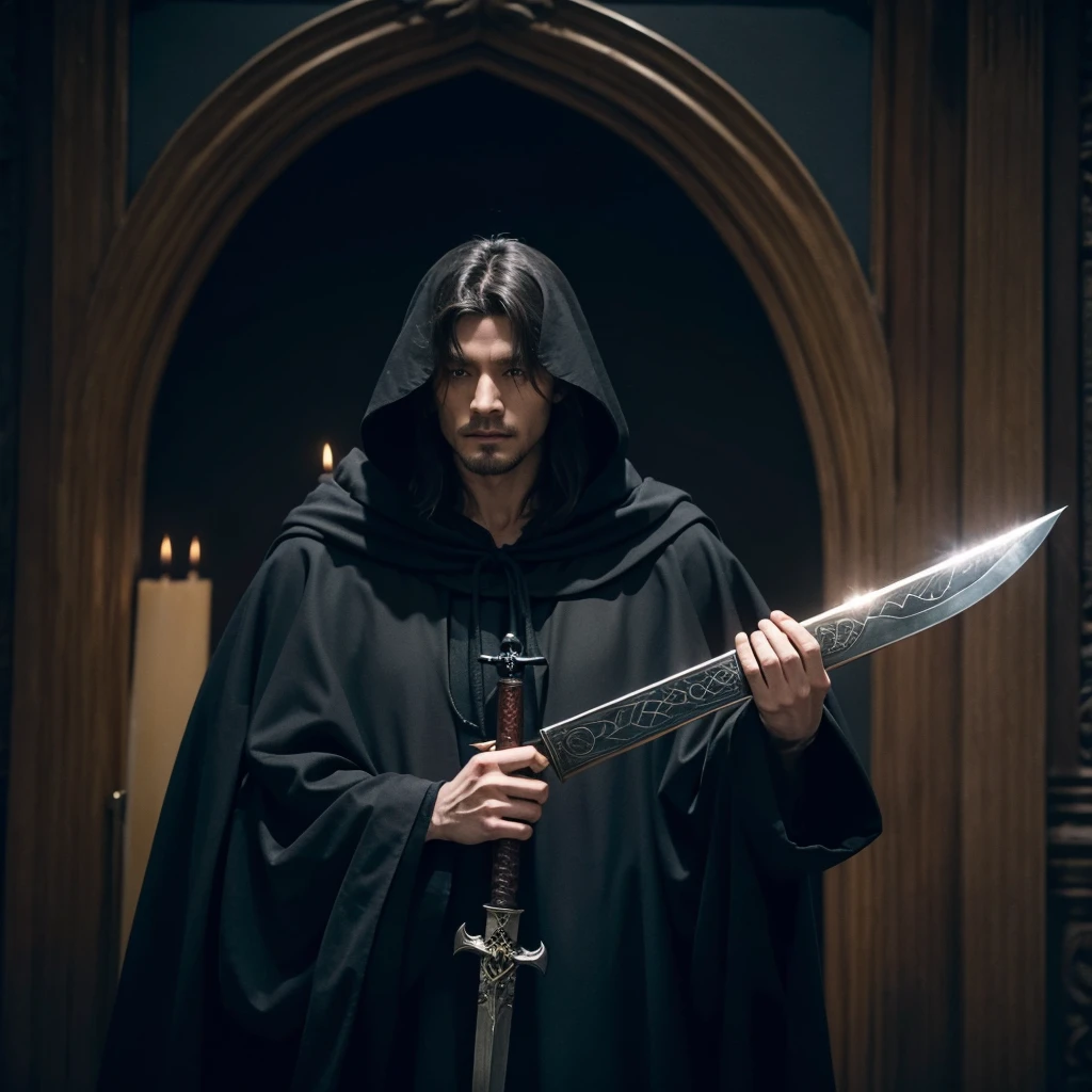 A wizard wearing a black cloak holding a large ritual sword