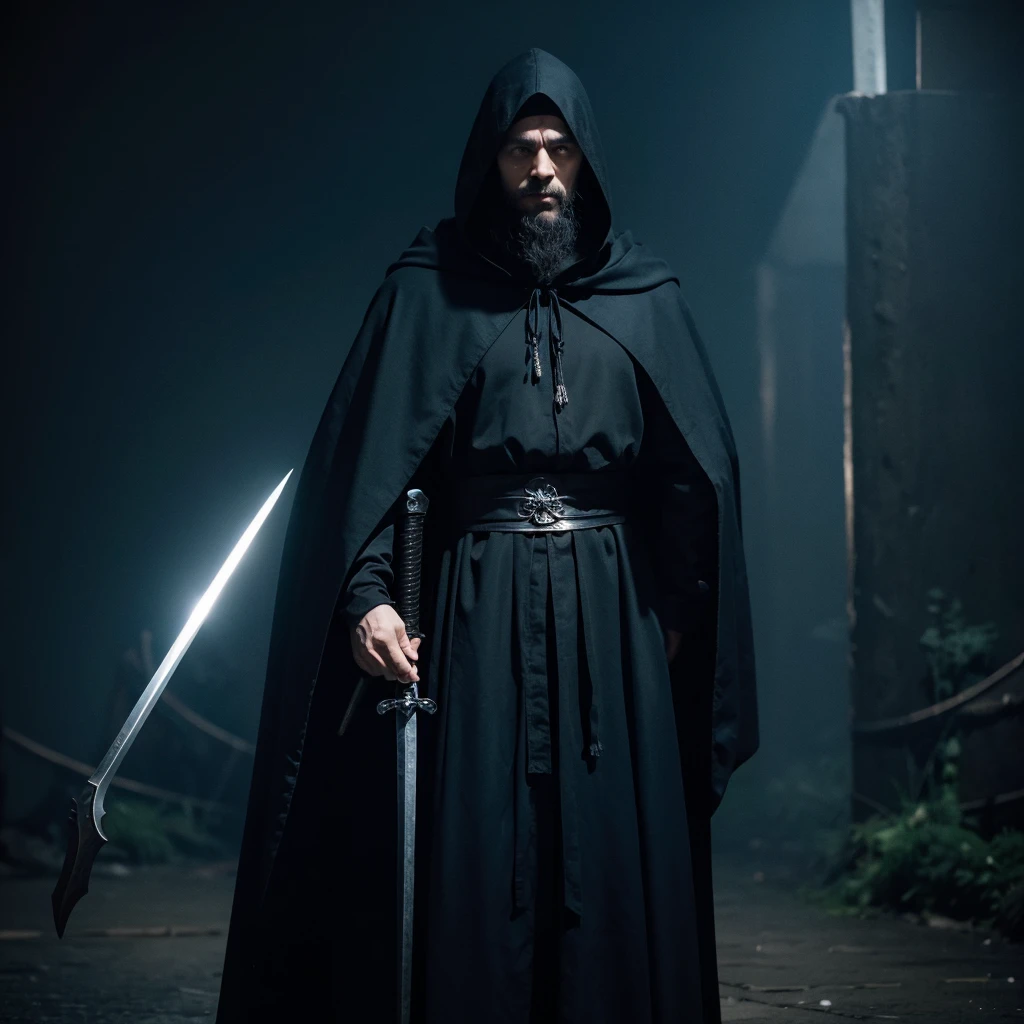A wizard wearing a black cloak holding a large ritual sword