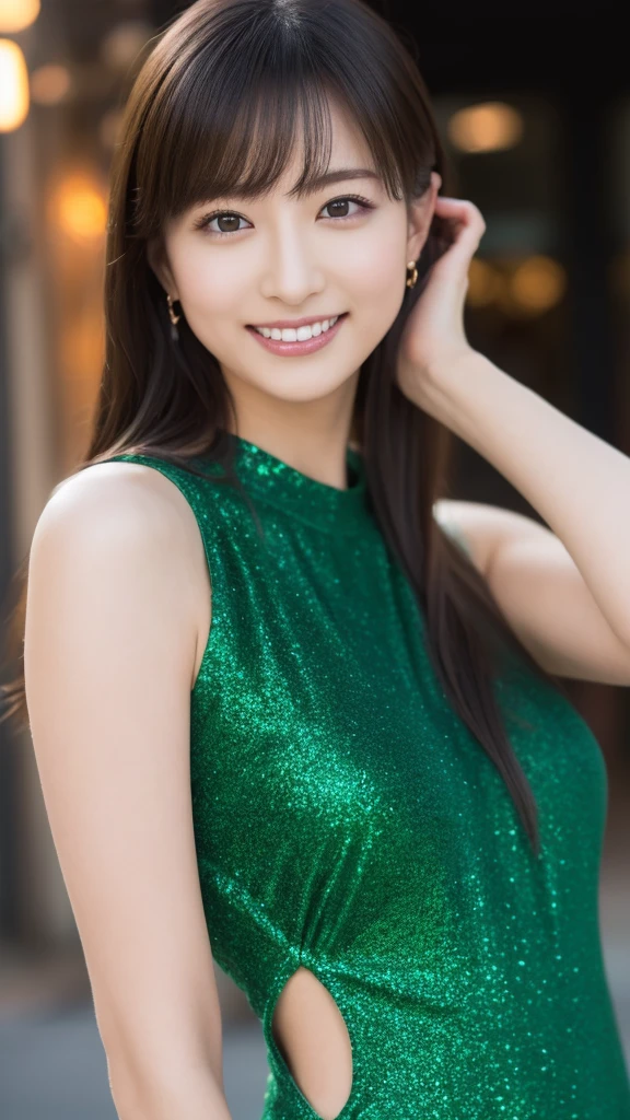 masterpiece,beautiful,extremely detailed,finely detailed,exquisite,(ultra high res),(8k UHD best quality), (realistic, photo-realistic:1.37), depth_of,blurry_background, photo_inset,Dramatic lighting,reference_inset,photo_background,photorealistic,looking_at_viewer,1girl,detailed skin,shiny skin,smile,(((upper body))),(((evening dress))),Buzzing cityscape at night with illuminated skyscrapers,yasu