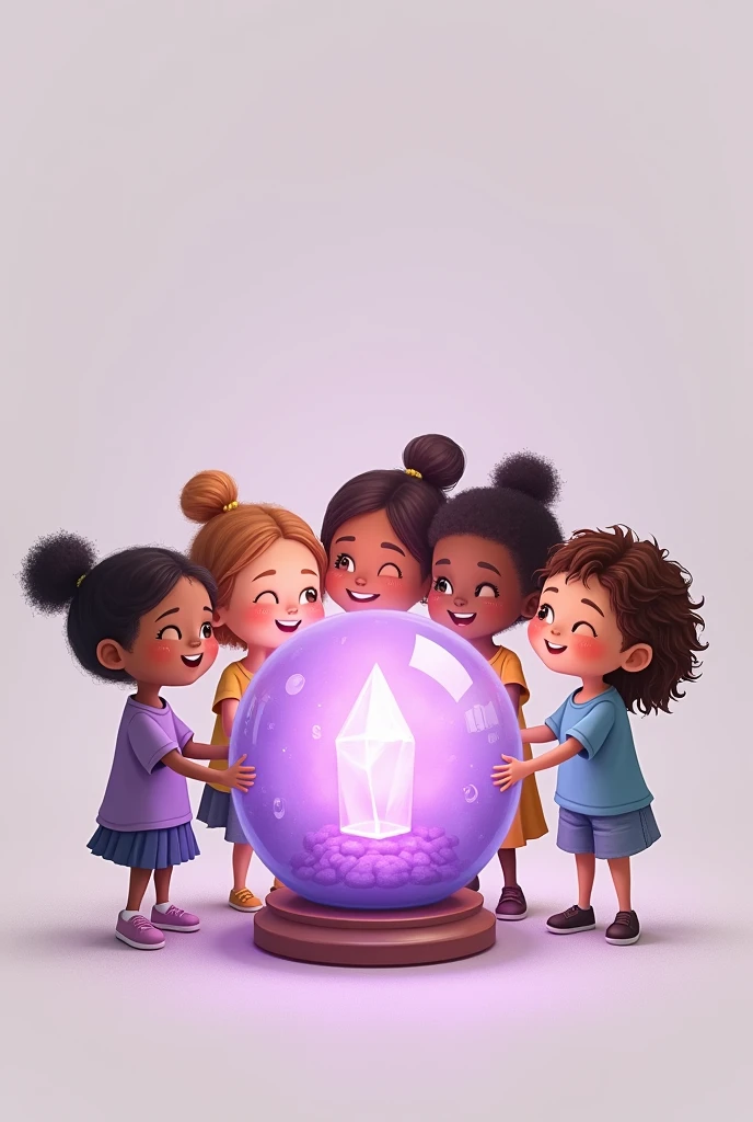 I need an image where there are five humble children around a LILAC crystal globe and they are all smiling and holding hands. I also need them to look like they've been drawn, as is they were cartoon characters. One of the children needs to be black. Without a background. Square image and I need children not to look so much like they were made by artificial intelligence