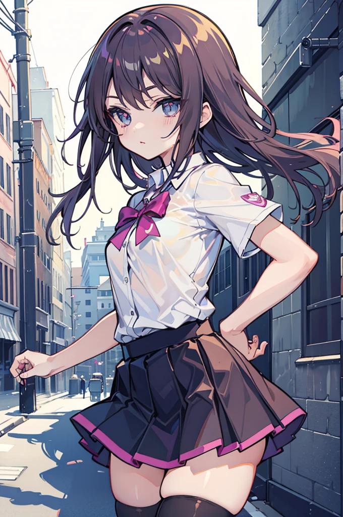 (hentai:1.1), (ideal:1.1), (perfection:1.1), (flawless:1.1), (best quality:1.2), (highest quality:1.2), dark alley, 1girl, solo, (:1.1), (cute litt), cute face, cute outfit, skirt, thigh high socks, blouse, shirt, (thick thighs:0.9), small breasts, athletic body, highest quality eyes, highly detailed, 4k, best resolution, high quality shadows, beautiful quality light, best quality upscale, most beautiful upscale