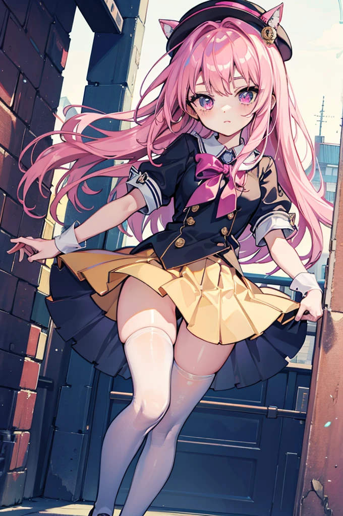 (:1.1), (ideal:1.1), (perfection:1.1), (flawless:1.1), (best quality:1.2), (highest quality:1.2), dark alley, 1girl, solo, (loli:1 (cute little gire face, cute outfit, skirt, thigh high socks, blouse, shirt, (thick thighs:0.9), small breasts, athletic bodest quality eyes, highly detailed, 4k, best resolution, high quality shadows, beautiful quality light, best quality upscale, most beautiful upscale